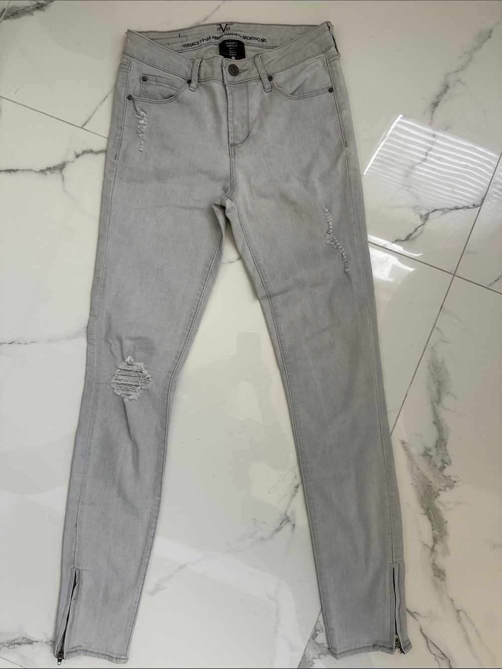 Versace 19-69 Grey Distressed Skinny Jeans Ankle Zip Size 26